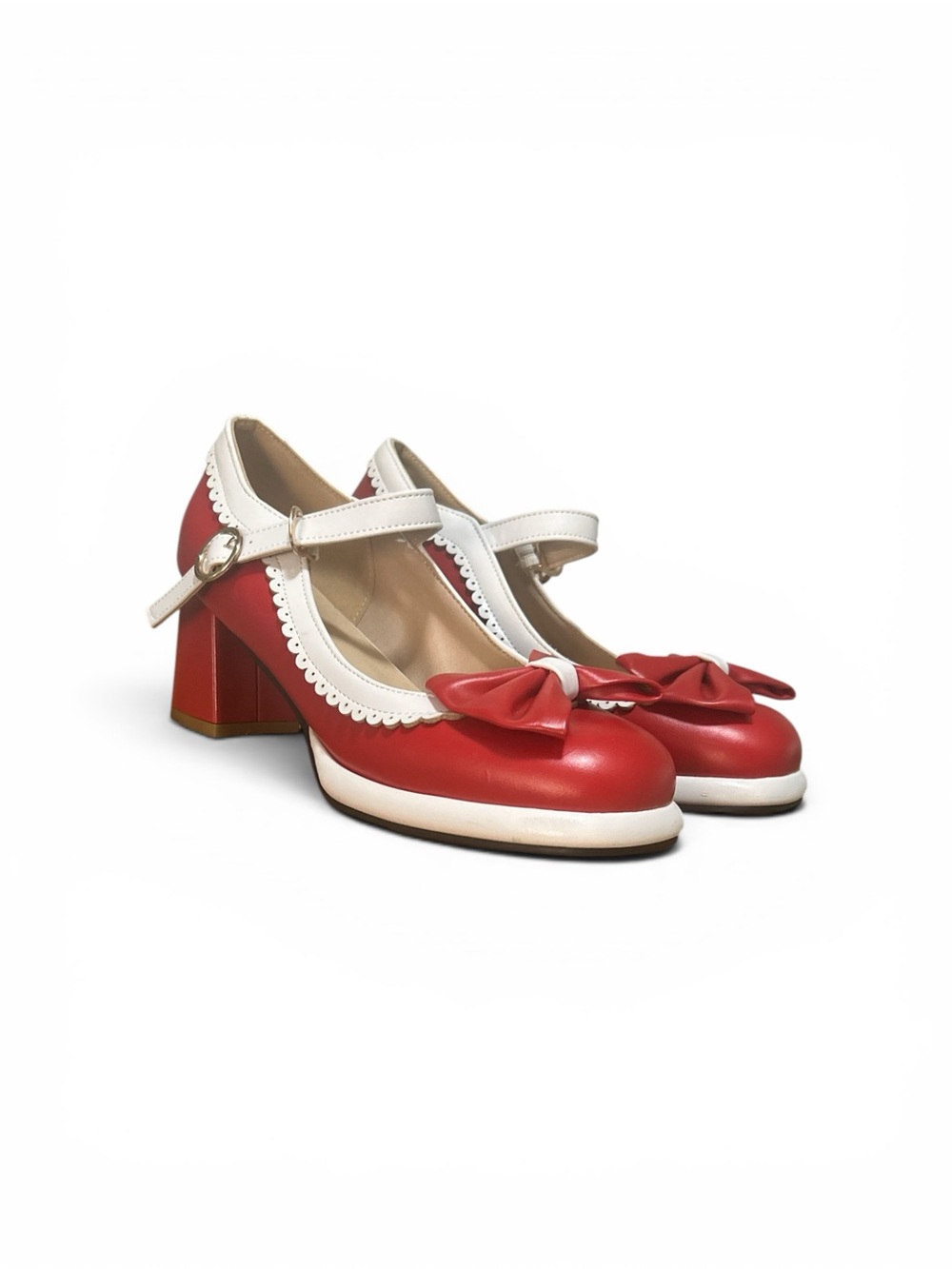 Classic Mary Jane Bow Pumps in Red and White